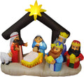 Nativity inflatable with the Holy Family, three kings and a lamb under a stable with a gold star