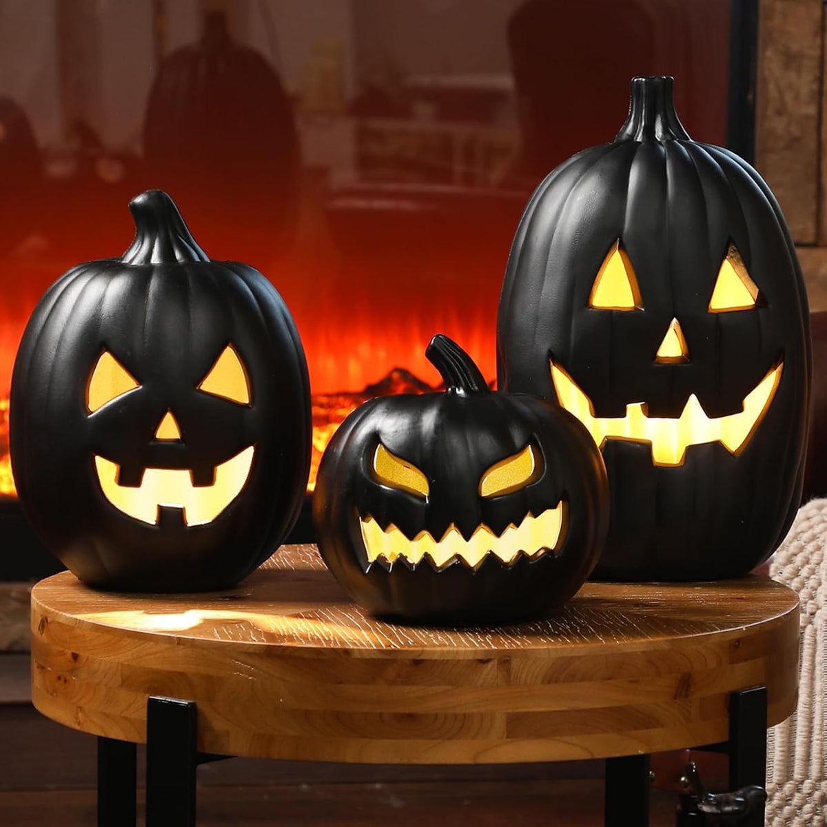 3-Piece Black Jack-o'-Lanterns with LED Light