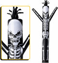 Black tube man inflatable with a white skull and skeleton print, close-up of the face