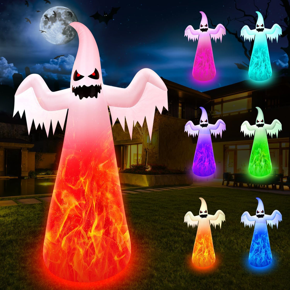 12 ft Giant Ghost Halloween Inflatable, 7-Color Rotating Flame LEDs
