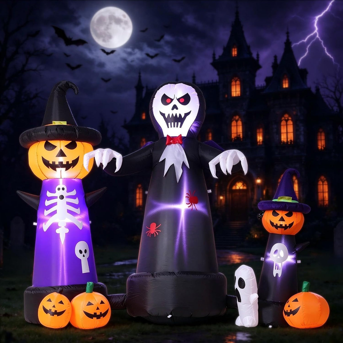 9 ft Skull Ghost and Pumpkin Wizards Halloween Inflatable
