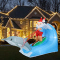 Santa surfing a blue wave inflatable pulled by a dolphin with a penguin on his shoulder
