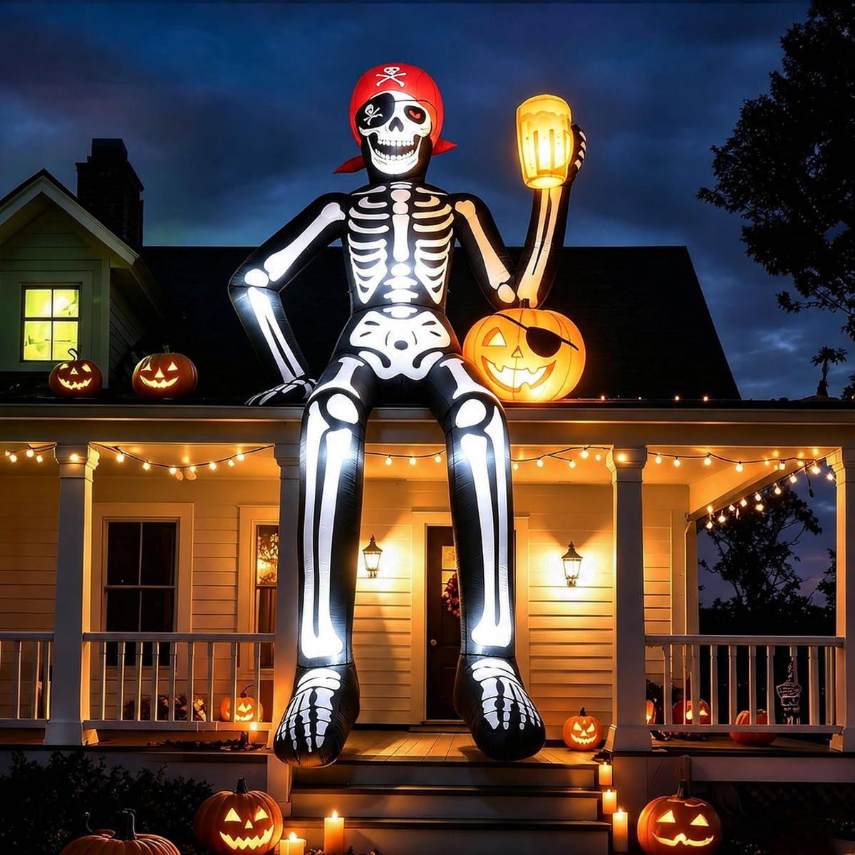 Giant skeleton inflatable in a red bandana sitting on a porch roof holding a jack-o'-lantern lantern