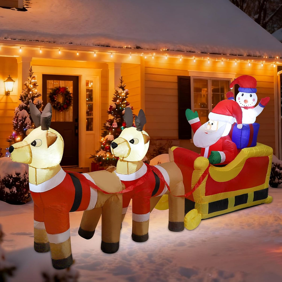 8 ft Santa and Snowman on Sleigh with Reindeer Christmas Inflatable