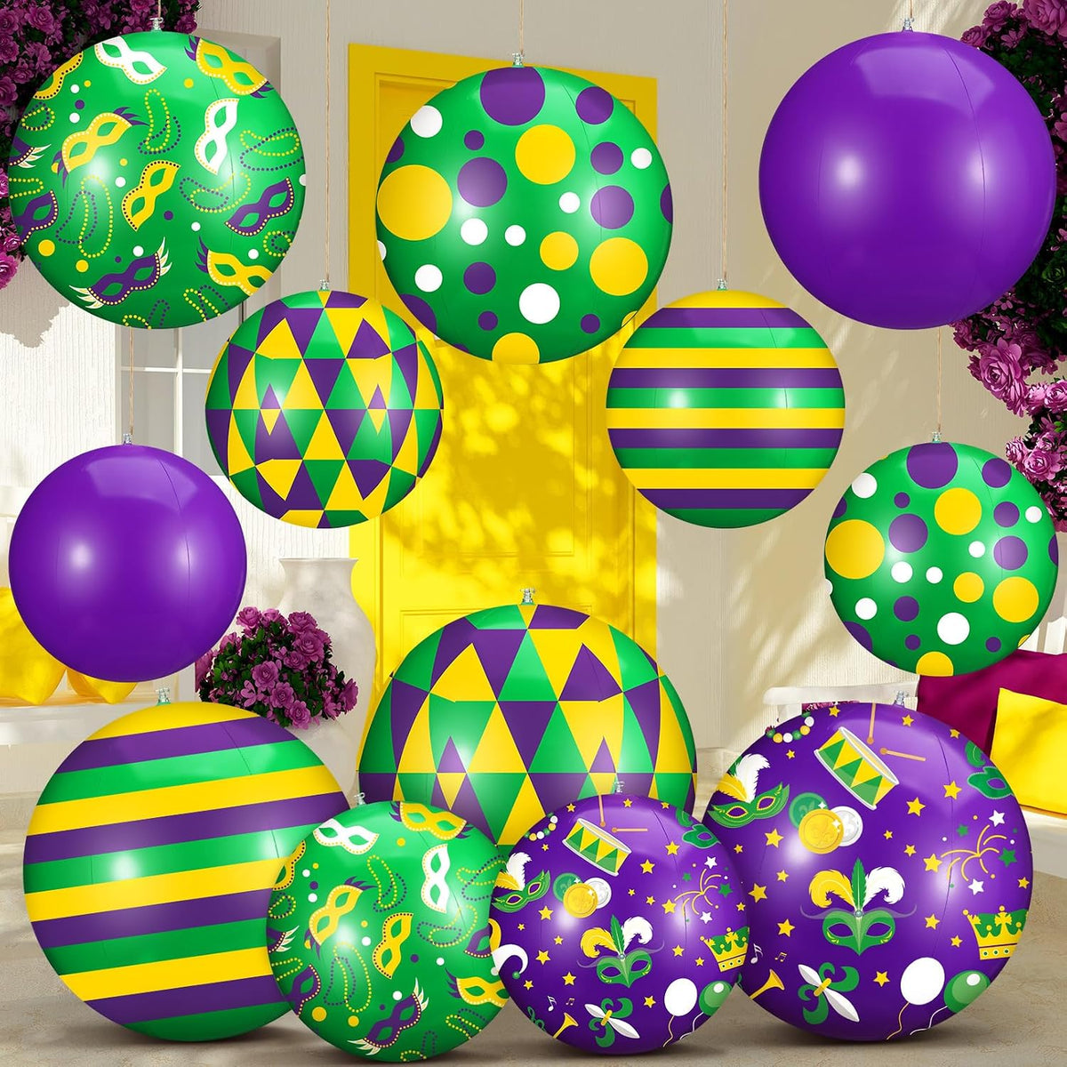 12-Piece Mardi Gras Inflatable Balls, 16 and 24 in