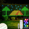 LED mesh curtain light on a hedge showing a pixel palm tree scene with a remote and phone app