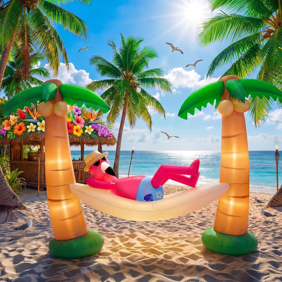 5 ft Palm Tree with Flamingo Hammock Party Inflatable, LED