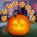 Glowing pumpkin inflatable with a projected face surrounded by sample face options on a porch